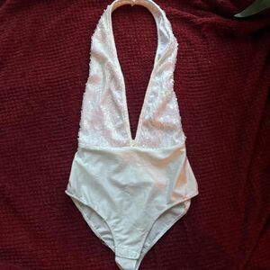 Leg Avenue white and green sequin halter bodysuit